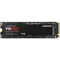 Black Samsung 990 PRO 1TB NVMe SSD with gold connector and red "PRO" text on label.
