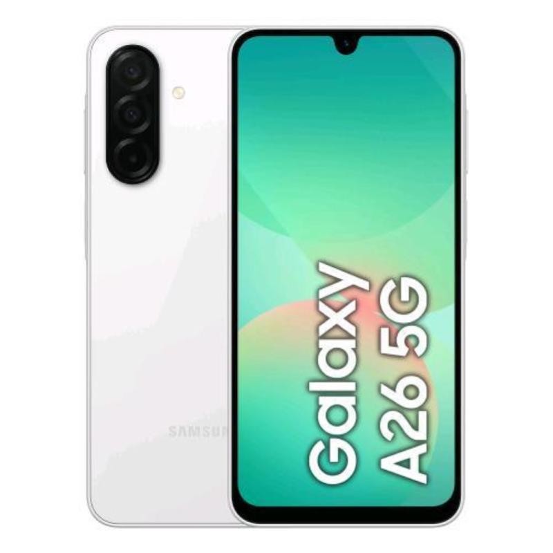 Samsung Galaxy A26 5G in white, featuring a sleek design, large display with vibrant colors, and three rear cameras, showcasing 6GB RAM and 128GB storage capacity.