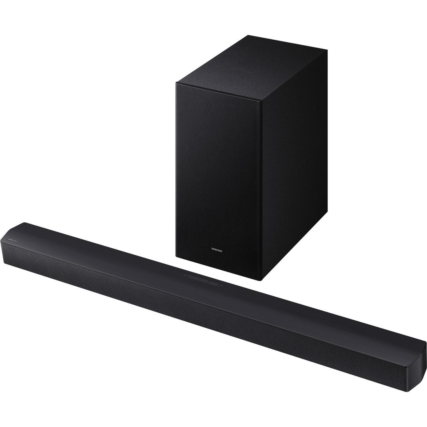 Samsung B-Series HW-B46CF in black features a sleek soundbar with a minimalist design and a matching black subwoofer, both made of durable material for enhanced audio performance.