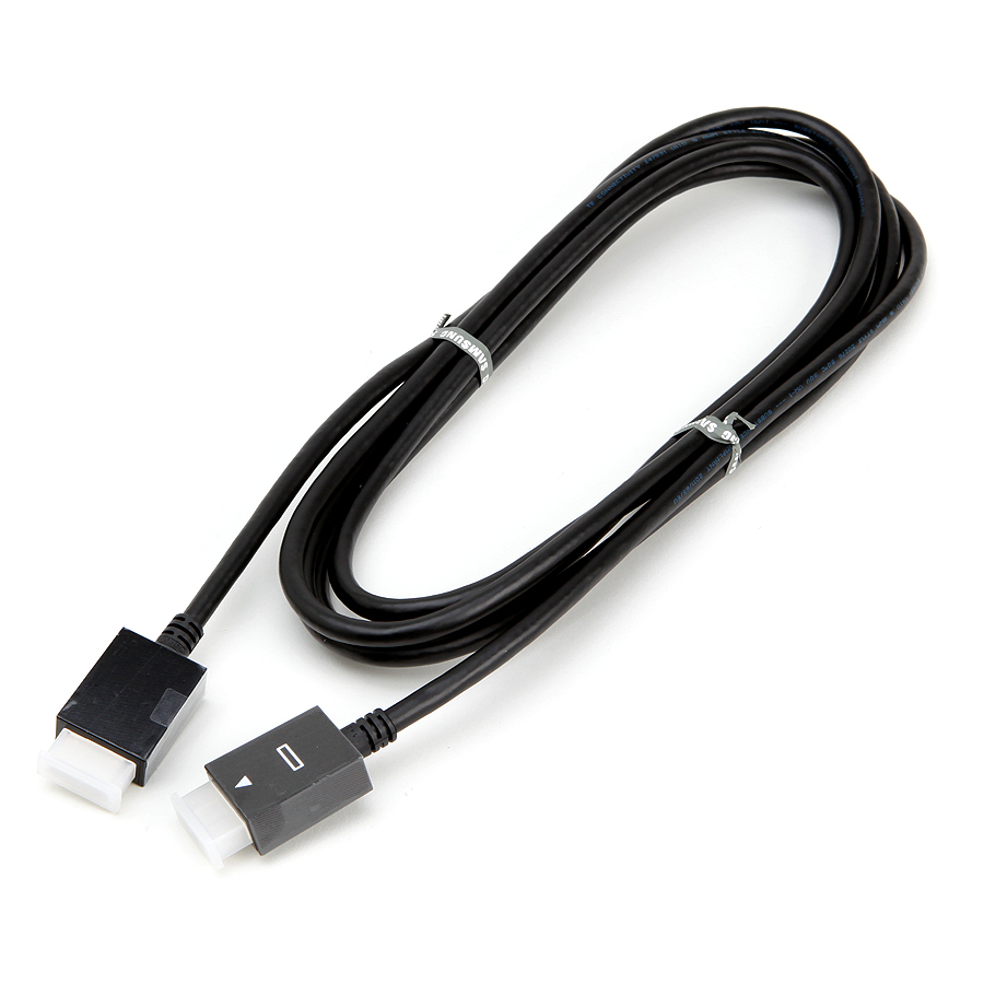 Black cable with two connectors at each end, featuring a rectangular shape and a white tab on one side, designed as a spare part for Samsung TVs.