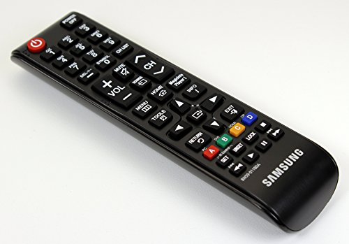 Black Samsung remote control with a variety of buttons including volume, channel, and numeric keys, featuring a red power button at the top and a sleek design.