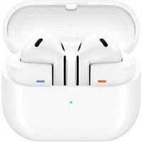 White Samsung Buds3 R530 wireless earbuds in open charging case with LED indicator and sleek, ergonomic design.