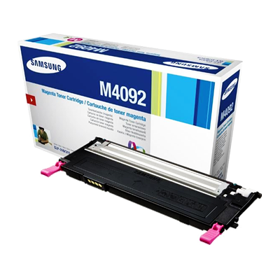 Samsung CLT-M4092S original magenta toner cartridge in black plastic with pink end caps, alongside a blue and white box featuring product details and branding.