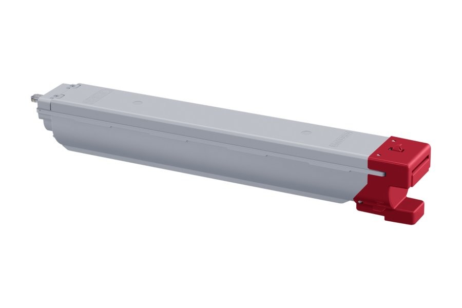 Magenta toner cartridge with a sleek gray body and a bright red end cap, designed for Samsung printers, capable of printing 20,000 pages per ISO/IEC 19798 standards.