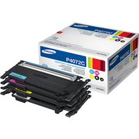 Samsung CLT-P4072C toner kit with black, cyan, magenta, yellow cartridges and branded packaging box.
