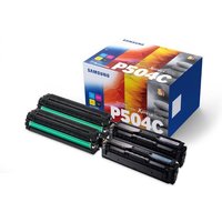 Samsung CLT-P504C toner cartridge multipack with black, cyan, magenta, yellow cartridges and colorful packaging box.