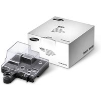 Samsung CLT-W506 toner waste box, clear plastic with black base, beside white packaging box with product details.