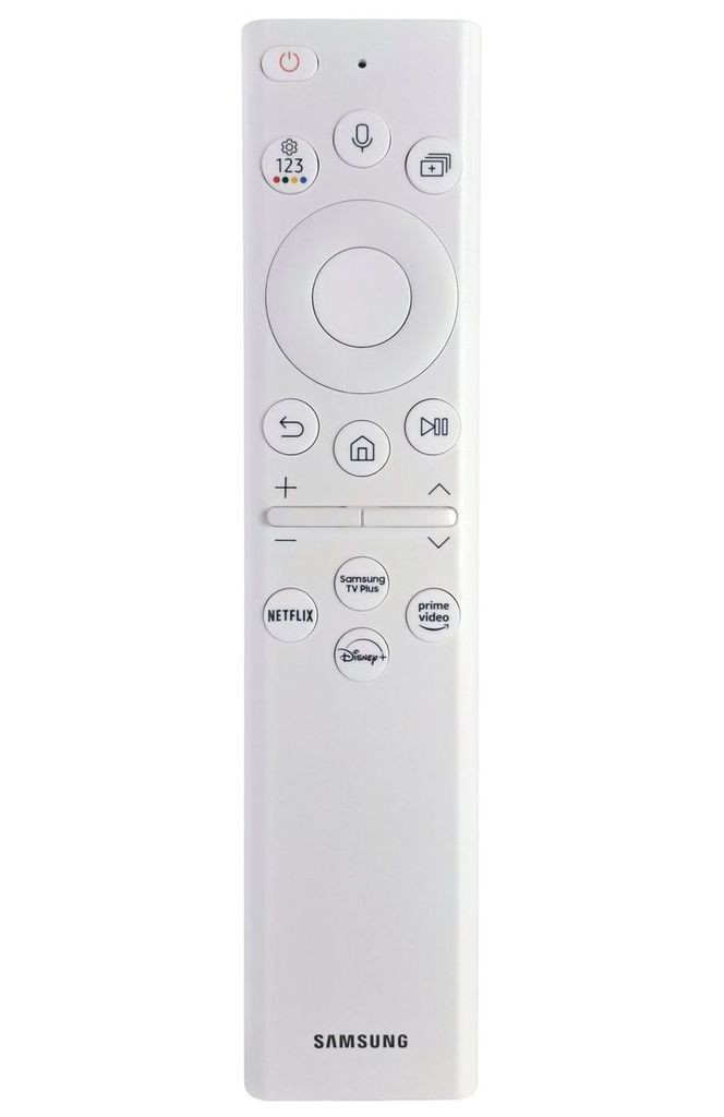 White Samsung ECO SMR CONTROL2022 V remote featuring a circular navigation pad, dedicated buttons for Netflix, Disney+, and Prime Video, and a sleek, minimalist design.