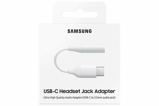 White Samsung USB-C to 3.5mm audio jack adapter, featuring a sleek design with a short cable, packaged in a simple, branded white card.