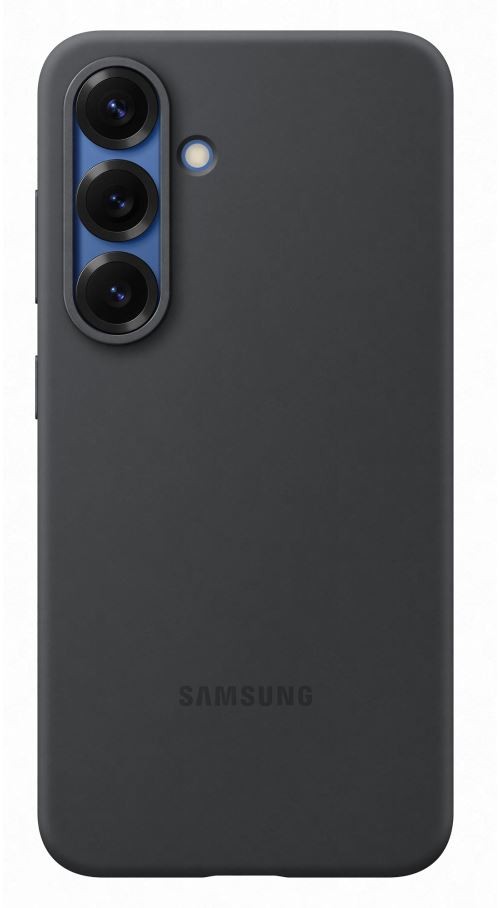 Black silicone case for Samsung Galaxy S25 featuring a matte finish, cutouts for camera lenses, and the Samsung logo embossed on the bottom.