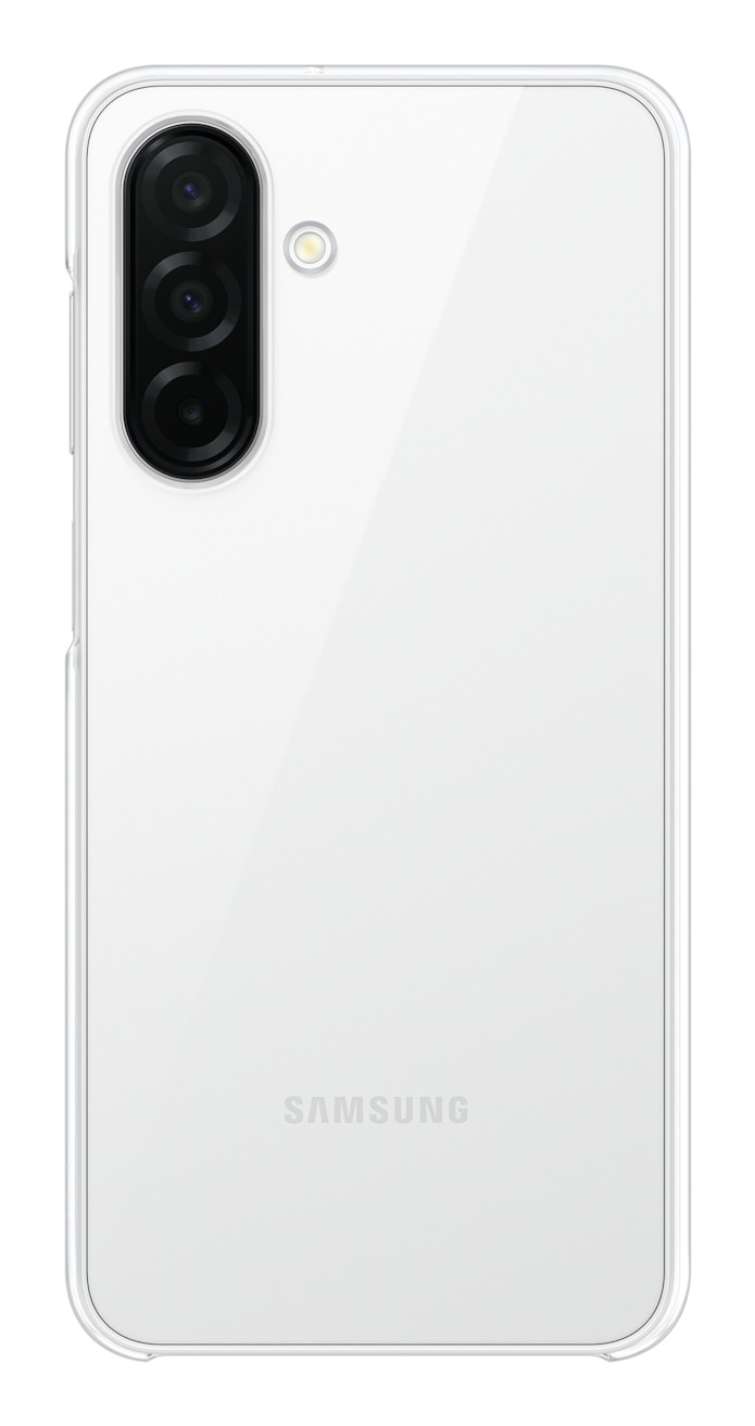 Transparent Samsung EF-QA266 mobile phone case for 6.7" devices, featuring a sleek design, cutouts for camera lenses, and a minimalist logo at the bottom.
