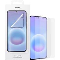 Clear Samsung screen/back protector for Galaxy A57, shown in packaging with phone illustration.