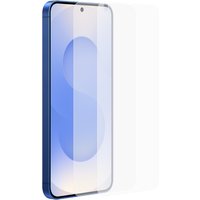 Clear Samsung mobile screen/back protector with precise cutouts, shown on a blue-edged phone.