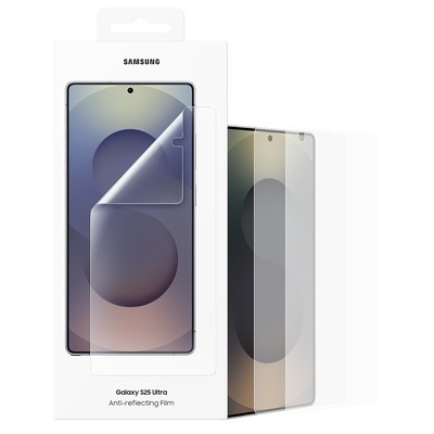 Transparent film screen protector for Samsung Galaxy S23 Ultra, featuring anti-reflective properties, displayed in a sleek packaging with a minimalist design.