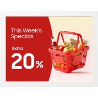 Samsung EM13DX interactive whiteboard with sleek frame, digital display showing a red shopping basket and discount text.