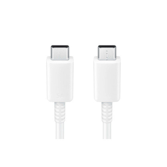 White Samsung EP-DN975 charging cable featuring USB-C connectors on both ends, with a textured surface and a 5A power rating.