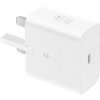White Samsung USB fast charger with UK plug and lightning bolt icon.