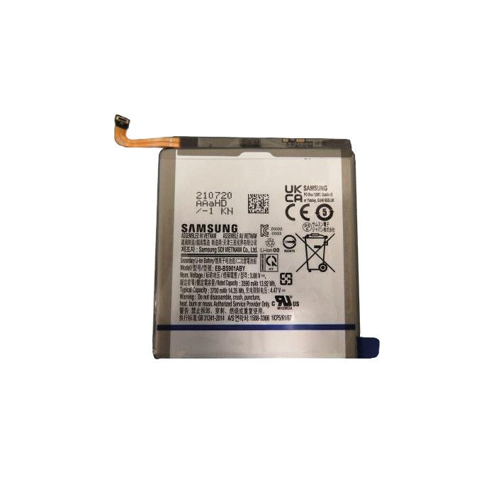 Samsung S901 S22 Ery battery featuring a rectangular silver casing, a blue label at the bottom, and a copper connector on the side, with printed technical specifications and safety symbols.