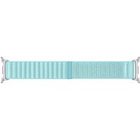 Light blue Samsung fabric watch band for Galaxy Watch8, featuring a textured design and silver connectors.
