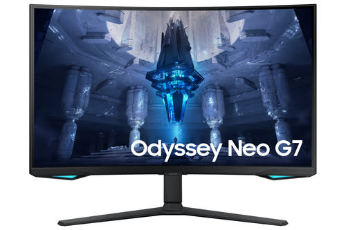 Samsung G75NB curved computer monitor with a 32-inch screen, 3840 x 2160 resolution, featuring a sleek black design and vibrant blue accents, showcasing a futuristic gaming scene.