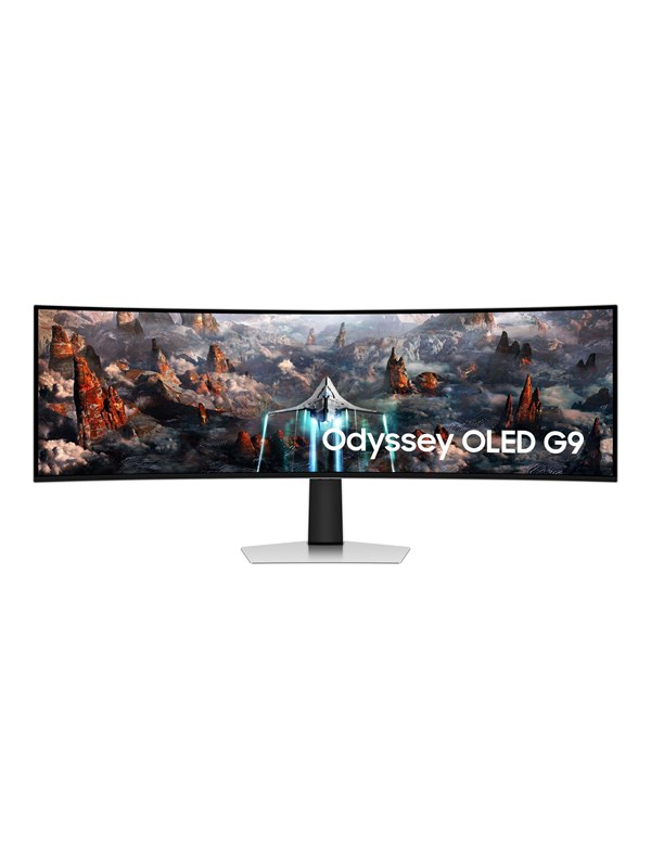 Samsung G93SC curved computer monitor with a sleek black finish, 49 inches in size, featuring a vibrant 5120 x 1440 pixel display and a modern stand.