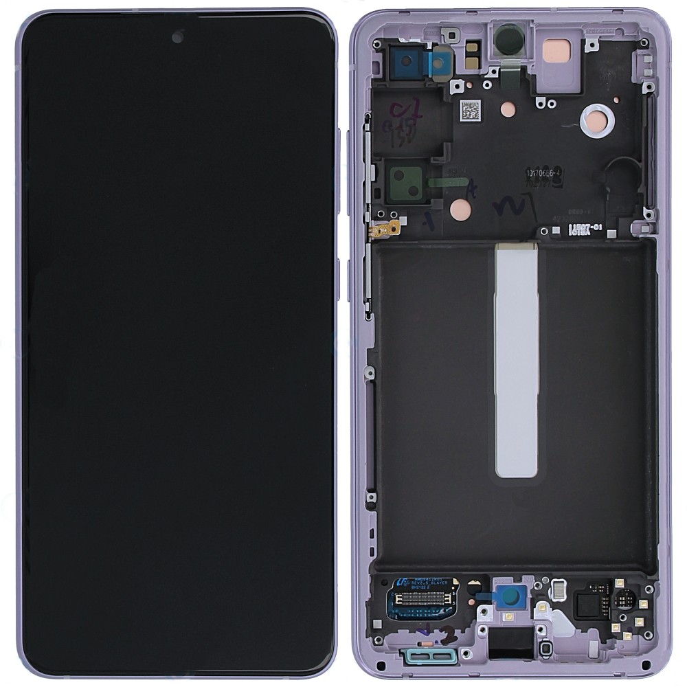 Samsung G990 S21 FE LCD in violet, featuring a sleek front display with a black screen and a detailed back panel showing internal components and connectors.