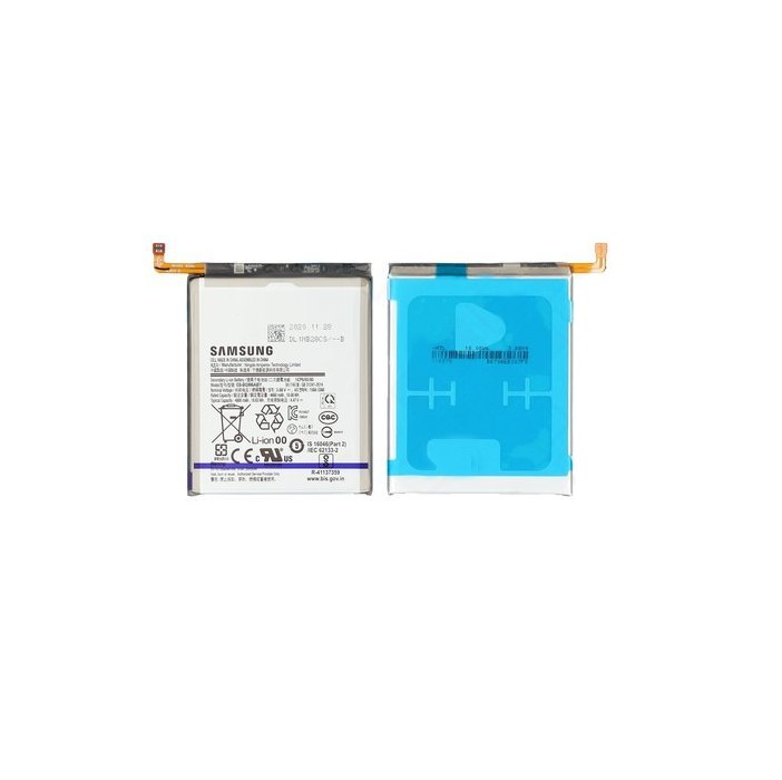 Samsung G996 S21+ 5G battery with a rectangular shape, featuring a blue adhesive backing, printed specifications on one side, and a gold connector on the top left.