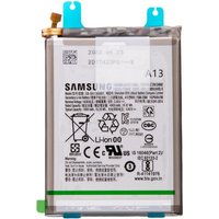 Rectangular Samsung Galaxy A13 5G battery with printed text, icons, and blue pull tabs on top.