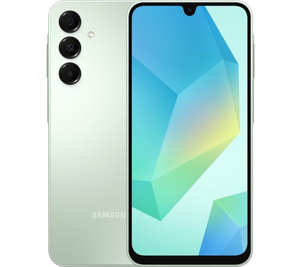 Samsung Galaxy A16 smartphone in light green, featuring a 6.7-inch display, dual SIM capability, USB Type-C port, and three rear cameras.