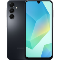 Black Samsung Galaxy A16 smartphone with triple rear cameras and a teardrop notch display, 128GB storage.