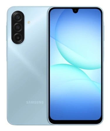 Light blue Samsung Galaxy A17 smartphone with a 6.7-inch display, hybrid dual SIM, 8 GB RAM, 256 GB storage, USB Type-C port, and a sleek design.