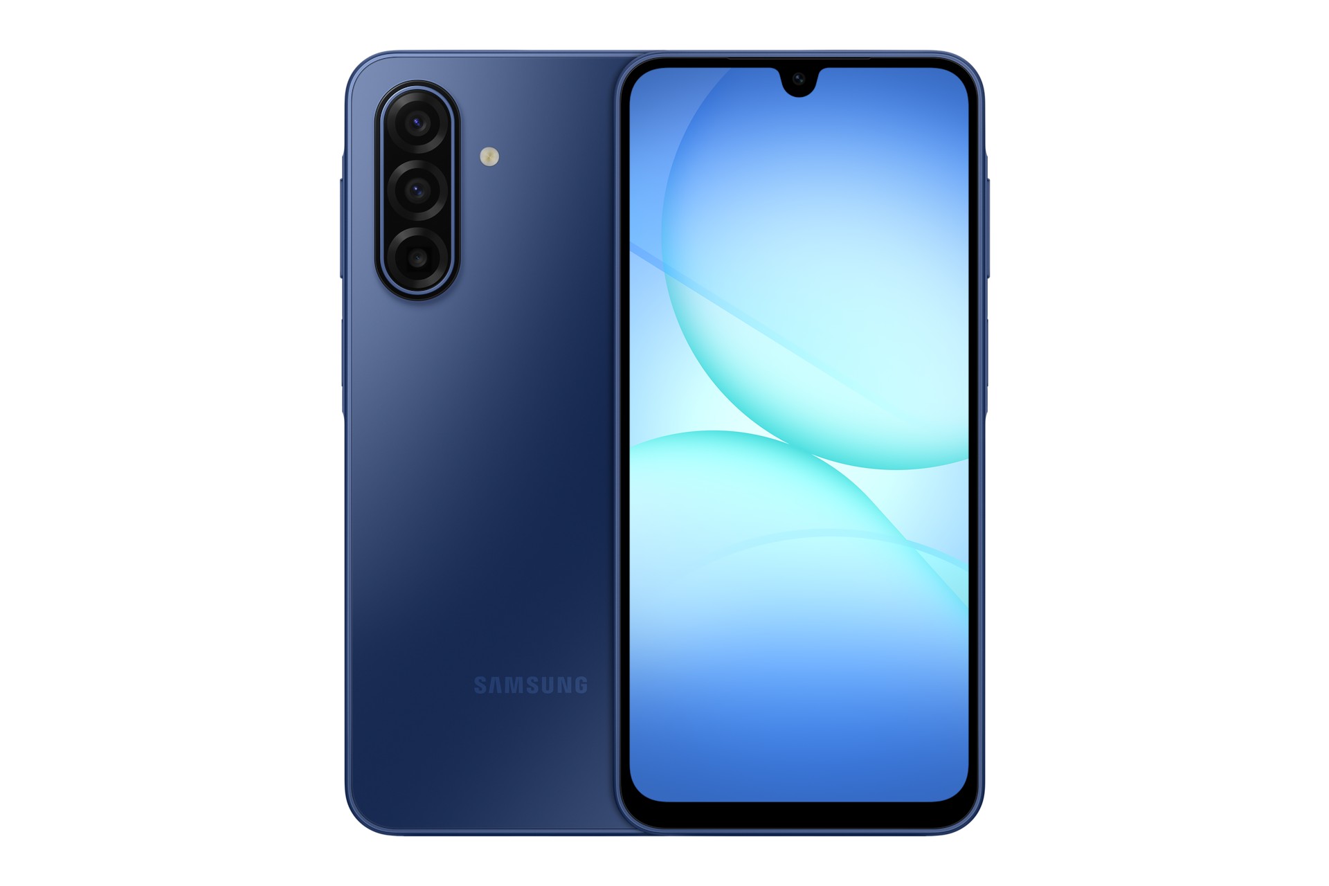 Samsung Galaxy A17 5G smartphone in navy blue, featuring a 6.7-inch display, dual rear cameras, a waterdrop notch, and USB Type-C port, with a sleek plastic finish.