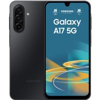Black Samsung Galaxy A17 5G smartphone with triple rear cameras and 6.7-inch display showing branding and model name.