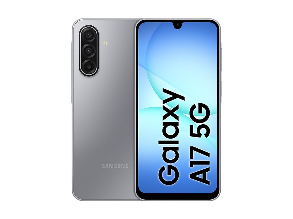 Samsung Galaxy A17 in grey, featuring a 6.7-inch display, hybrid dual SIM capability, 8 GB RAM, 256 GB storage, and a 5000 mAh battery, with a sleek design and USB Type-C port.