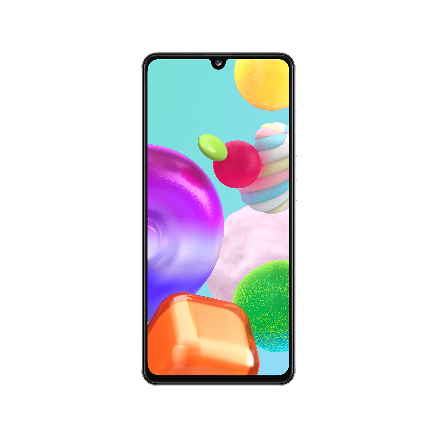 Samsung Galaxy A21s smartphone in white, featuring a vibrant display with colorful abstract shapes, 32GB storage capacity, and a sleek, premium design.