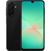 Black Samsung Galaxy A26 5G smartphone with triple rear cameras and a waterdrop notch display.
