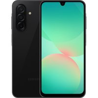 Black Samsung Galaxy A26 smartphone, 6.7-inch display, triple rear cameras, and front notch design.