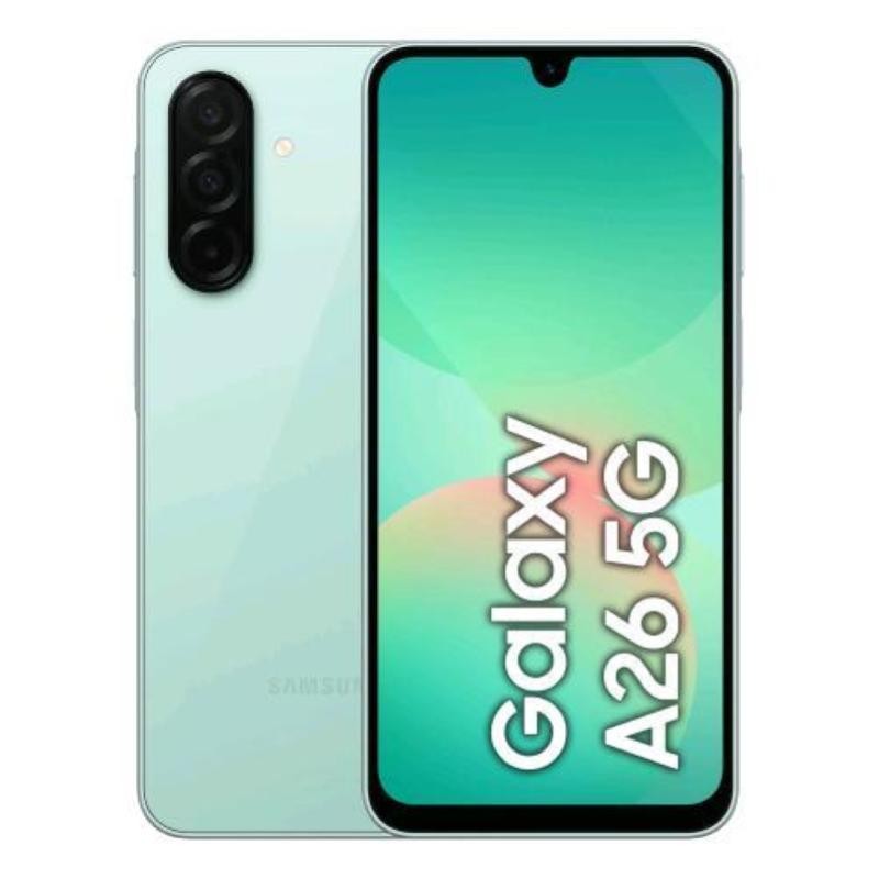 Mint green Samsung Galaxy A26 smartphone with a 6.7-inch display, featuring a triple rear camera setup and 256GB storage, unlocked and SIM-free.