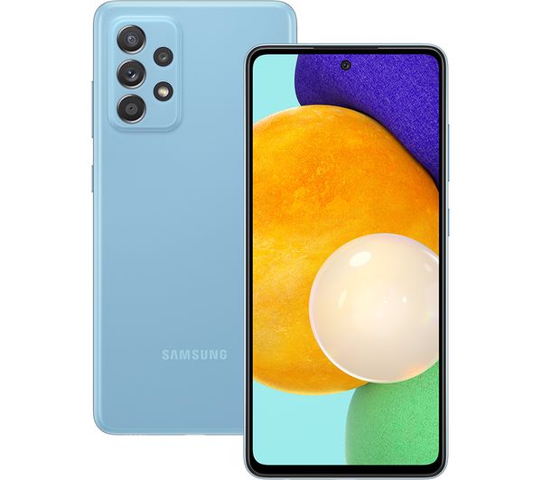 Samsung Galaxy A32 5G in Awesome Blue, featuring a sleek design, 64GB capacity, and a vibrant display with rounded edges and a triple camera setup on the back.