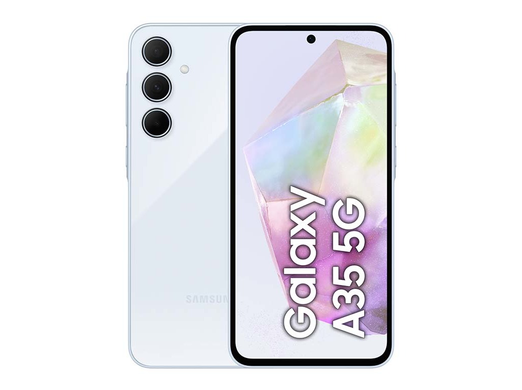 Samsung Galaxy A35 5G in white, featuring a 6.6-inch display, three rear cameras, and a sleek design with a vibrant screen showcasing colorful graphics.