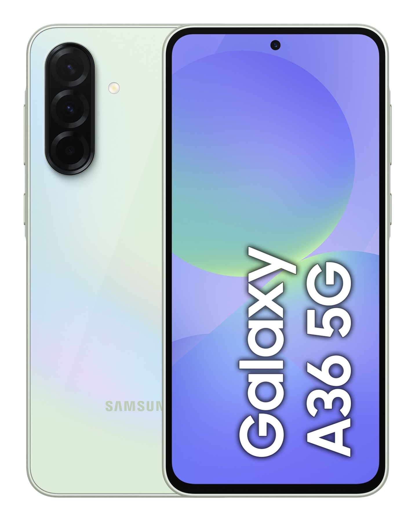 Samsung Galaxy A36 in a light iridescent color features a 6.7-inch display, triple rear cameras, and a sleek design, supporting Dual SIM and 5G connectivity.