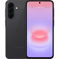 Black Samsung Galaxy A37 5G phone with triple rear cameras and edge-to-edge display featuring a central punch-hole camera.