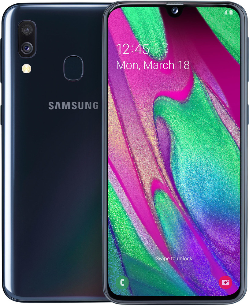 Samsung Galaxy A40 in black with a sleek glass finish, featuring a vibrant display, dual rear cameras, a fingerprint sensor, and 64GB storage capacity.