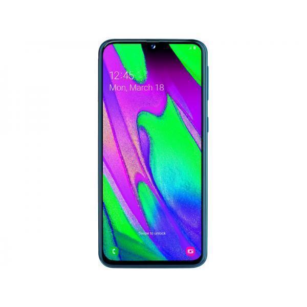 Samsung Galaxy A40 smartphone in blue, featuring a vibrant display with a colorful abstract wallpaper, 64GB capacity, and a sleek design with a notch at the top.