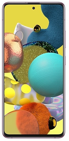 Samsung Galaxy A51 5G in pink, featuring a vibrant display with colorful abstract shapes, showcasing its sleek design and premium condition.