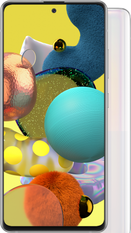 Samsung Galaxy A51 5G in white with a sleek design, featuring a vibrant display showcasing colorful geometric shapes and textures, and a premium condition finish.
