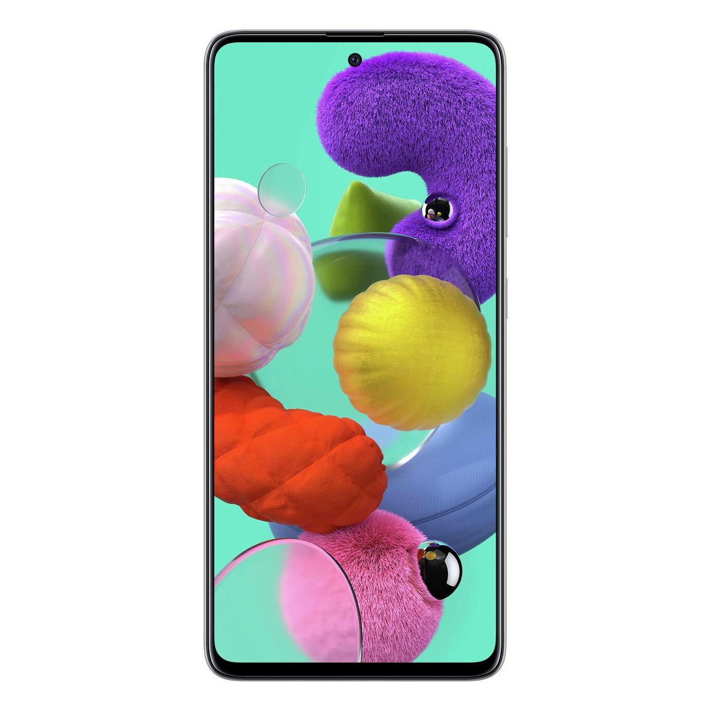Samsung Galaxy A51 in Prism Crush White, featuring a vibrant display with colorful abstract shapes, sleek design, and a 128GB storage capacity.