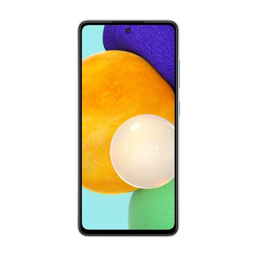 Samsung Galaxy A52 5G in Awesome Blue, featuring a 128GB capacity, with a sleek design and vibrant display showcasing colorful abstract shapes.