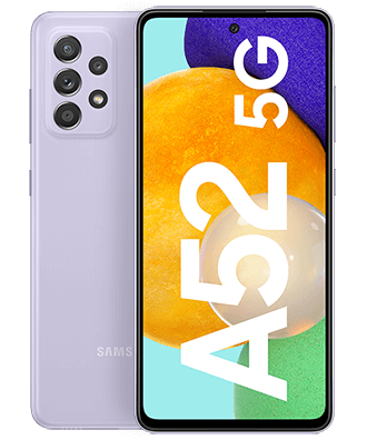 Samsung Galaxy A52 5G in Awesome Violet, featuring a sleek design, 128GB capacity, and a vibrant display with large numbers and colorful graphics.