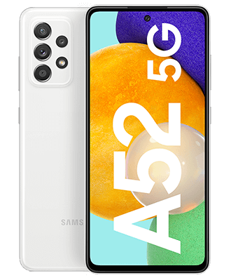 Samsung Galaxy A52 5G in Awesome White, featuring a 6.5-inch display, four rear cameras, and a sleek design, with 128GB storage capacity.